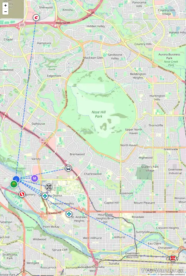 Daily accessibility map for 5848 BOWWATER CR NW, Calgary showing nearby schools, grocery stores, parks, LRT stations and nearby amenities