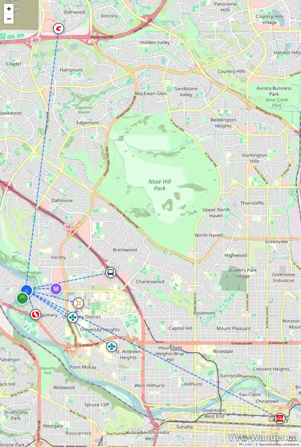 Daily accessibility map for 5852 BOWWATER CR NW, Calgary showing nearby schools, grocery stores, parks, LRT stations and nearby amenities