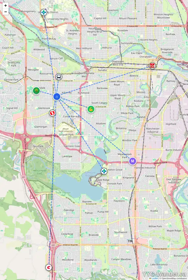 Daily accessibility map for 2809 35 ST SW, Calgary showing nearby schools, grocery stores, parks, LRT stations and nearby amenities