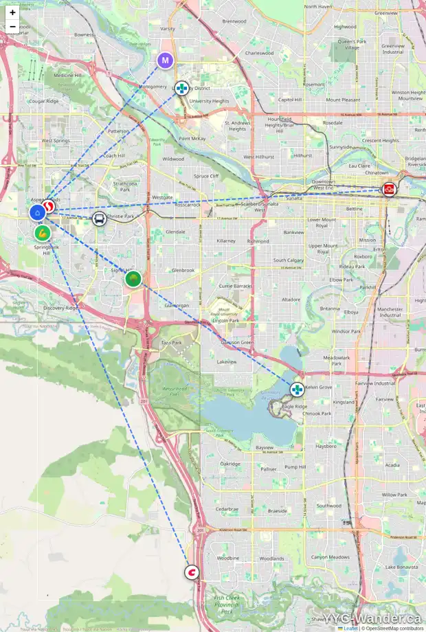 Daily accessibility map for 202 45 ASPENMONT HT SW, Calgary showing nearby schools, grocery stores, parks, LRT stations and nearby amenities