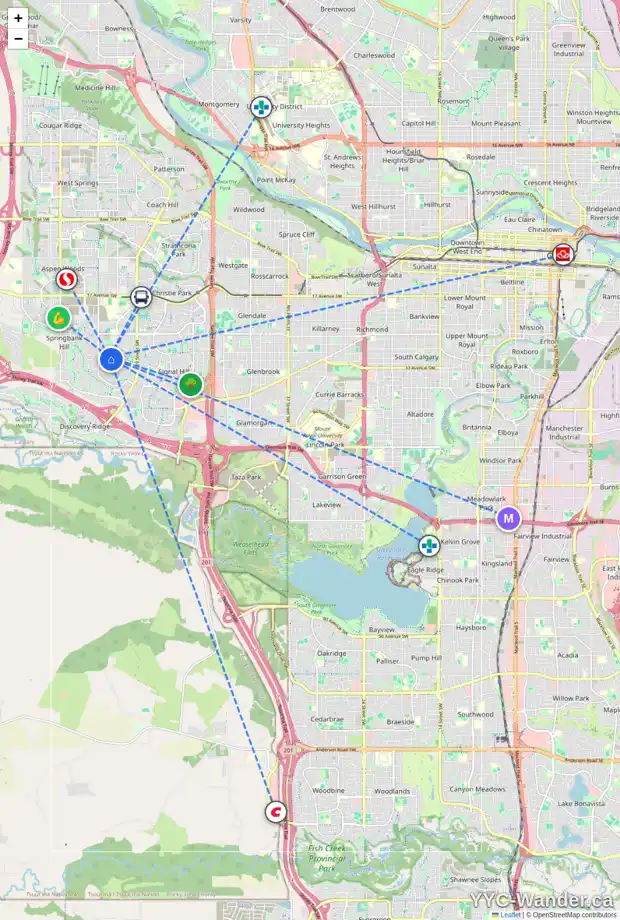 Daily accessibility map for 4 ELVEDEN BA SW, Calgary showing nearby schools, grocery stores, parks, LRT stations and nearby amenities