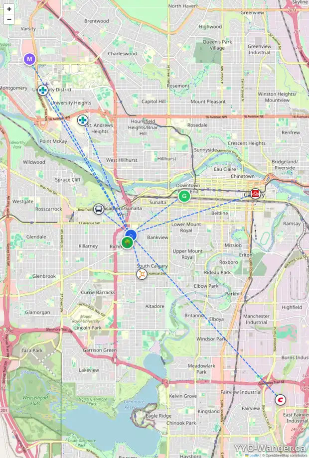 Daily accessibility map for 2117 RICHMOND RD SW, Calgary showing nearby schools, grocery stores, parks, LRT stations and nearby amenities