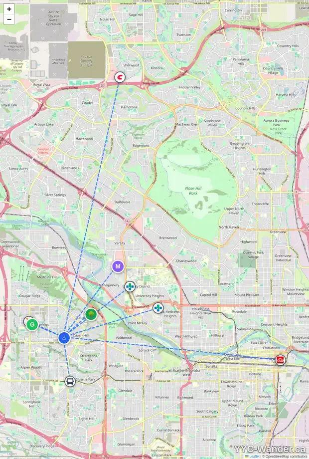 Daily accessibility map for 214 WEST GROVE PT SW, Calgary showing nearby schools, grocery stores, parks, LRT stations and nearby amenities