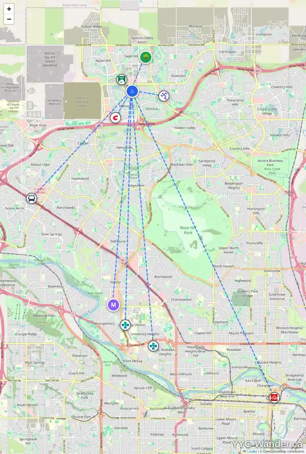 Daily accessibility map for 2412 402 KINCORA GLEN RD NW, Calgary showing nearby schools, grocery stores, parks, LRT stations and nearby amenities