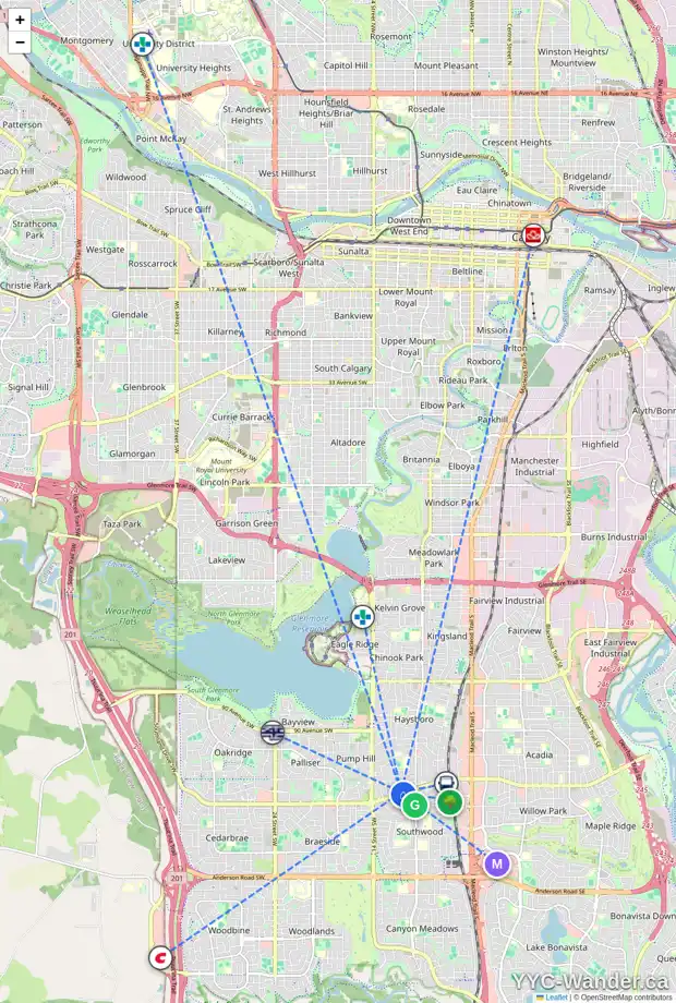 Daily accessibility map for 49 SUSSEX CR SW, Calgary showing nearby schools, grocery stores, parks, LRT stations and nearby amenities