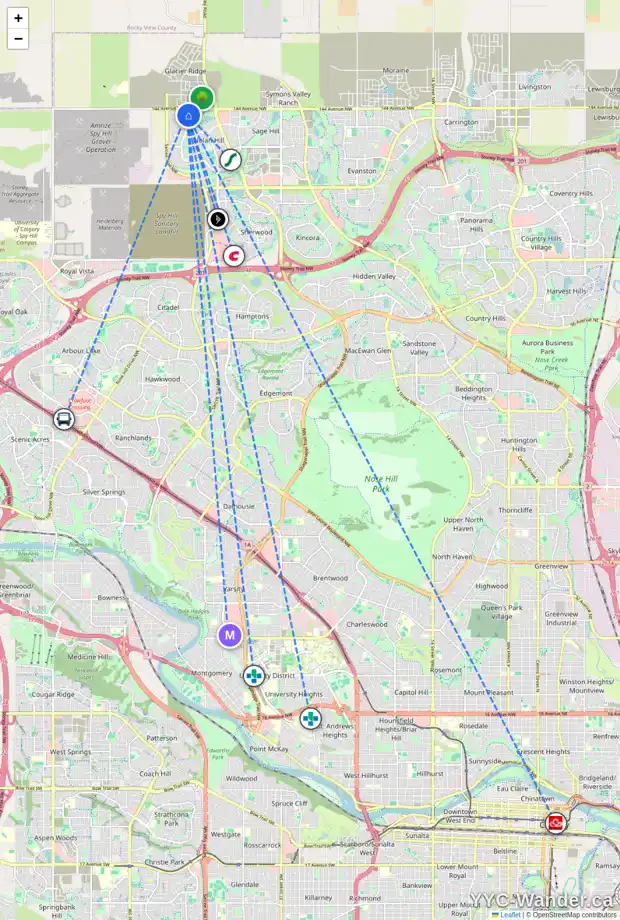 Daily accessibility map for 956 NOLAN HILL BV NW, Calgary showing nearby schools, grocery stores, parks, LRT stations and nearby amenities