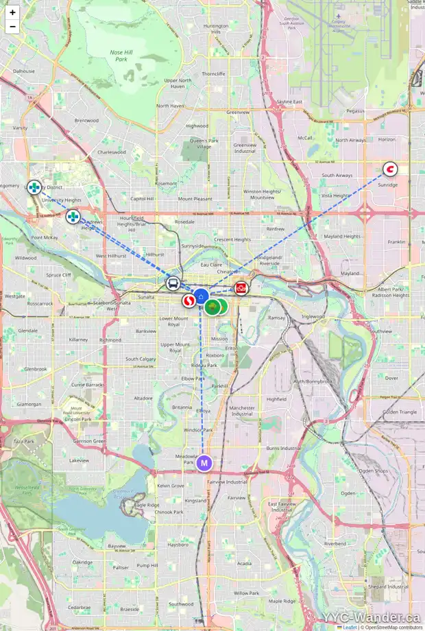 Daily accessibility map for 620 10 AV SW, Calgary showing nearby schools, grocery stores, parks, LRT stations and nearby amenities