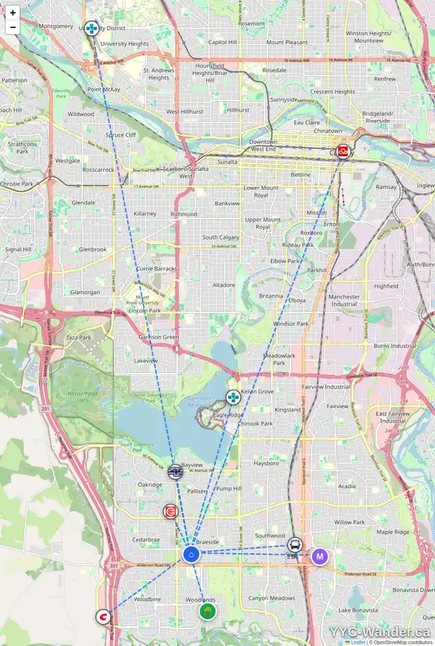 Daily accessibility map for 919 BRACEWOOD RI SW, Calgary showing nearby schools, grocery stores, parks, LRT stations and nearby amenities