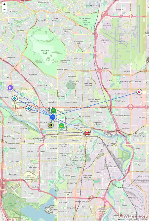 Daily accessibility map for 1761 8 AV NW, Calgary showing nearby schools, grocery stores, parks, LRT stations and nearby amenities