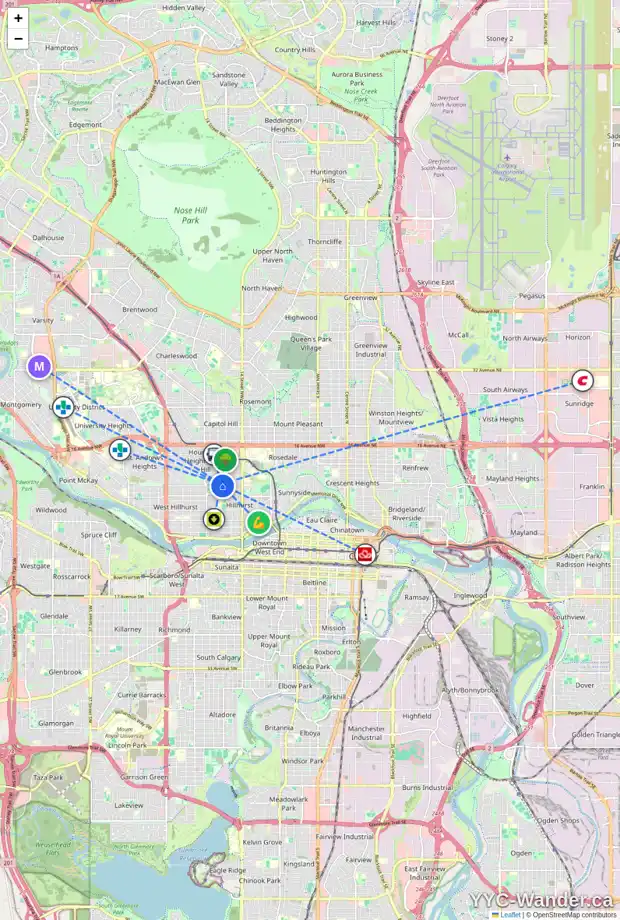 Daily accessibility map for 1759 8 AV NW, Calgary showing nearby schools, grocery stores, parks, LRT stations and nearby amenities