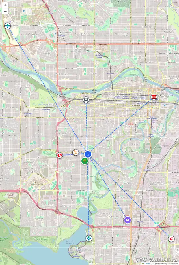Daily accessibility map for 1632 34 AV SW, Calgary showing nearby schools, grocery stores, parks, LRT stations and nearby amenities