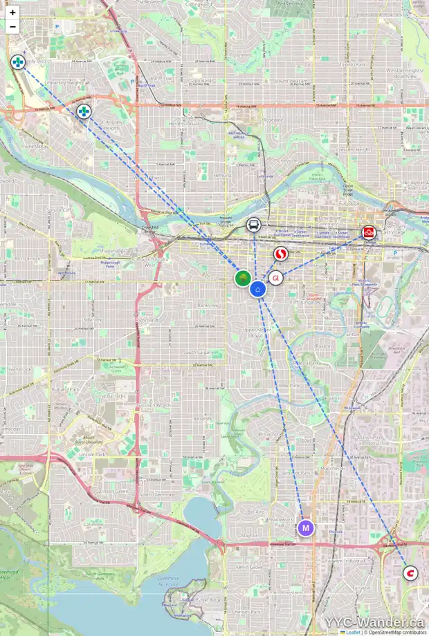 Daily accessibility map for 205 1720 10 ST SW, Calgary showing nearby schools, grocery stores, parks, LRT stations and nearby amenities