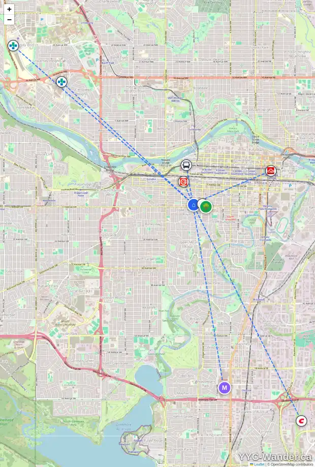 Daily accessibility map for 1016 16 AV SW, Calgary showing nearby schools, grocery stores, parks, LRT stations and nearby amenities