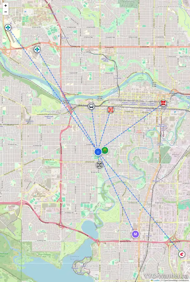 Daily accessibility map for 2 1528 29 AV SW, Calgary showing nearby schools, grocery stores, parks, LRT stations and nearby amenities