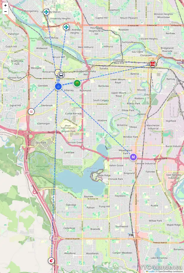 Daily accessibility map for 2222 36 ST SW, Calgary showing nearby schools, grocery stores, parks, LRT stations and nearby amenities