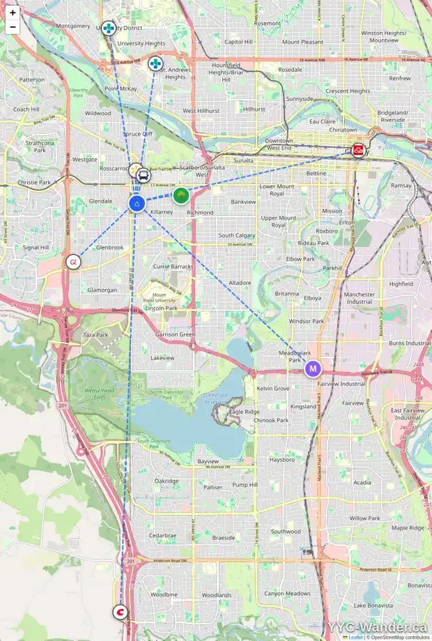 Daily accessibility map for 2224 36 ST SW, Calgary showing nearby schools, grocery stores, parks, LRT stations and nearby amenities