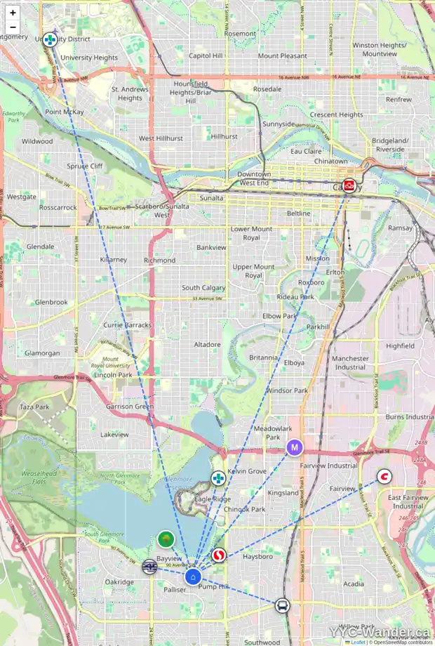 Daily accessibility map for 128 PUMP HILL GD SW, Calgary showing nearby schools, grocery stores, parks, LRT stations and nearby amenities