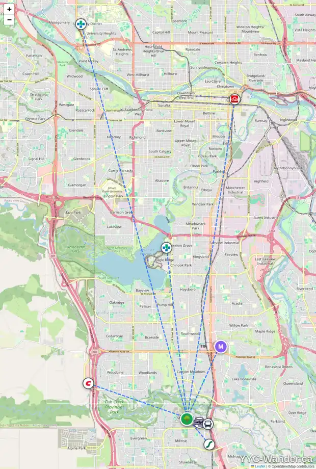 Daily accessibility map for 41 SHAWNEE HE SW, Calgary showing nearby schools, grocery stores, parks, LRT stations and nearby amenities