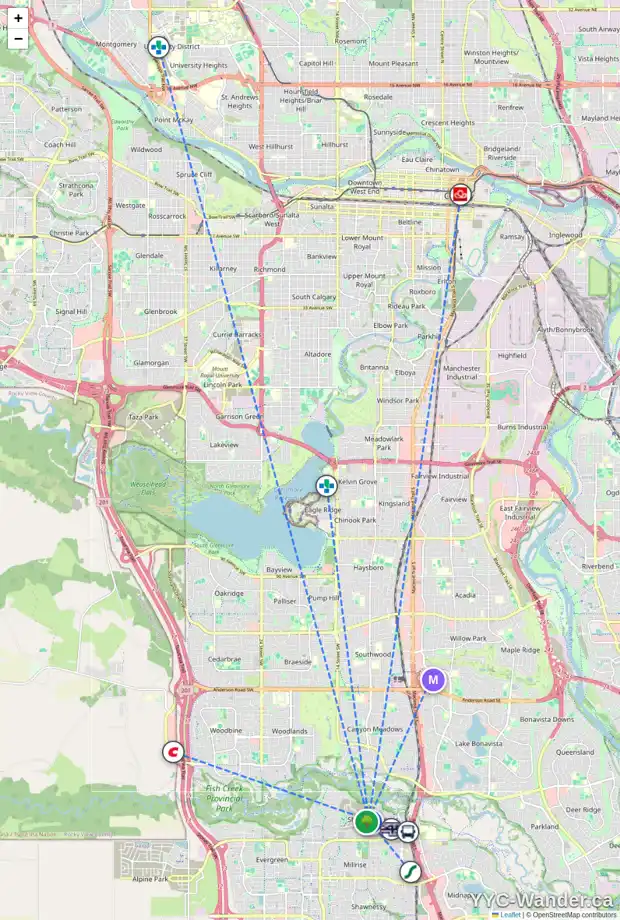 Daily accessibility map for 37 SHAWNEE HE SW, Calgary showing nearby schools, grocery stores, parks, LRT stations and nearby amenities
