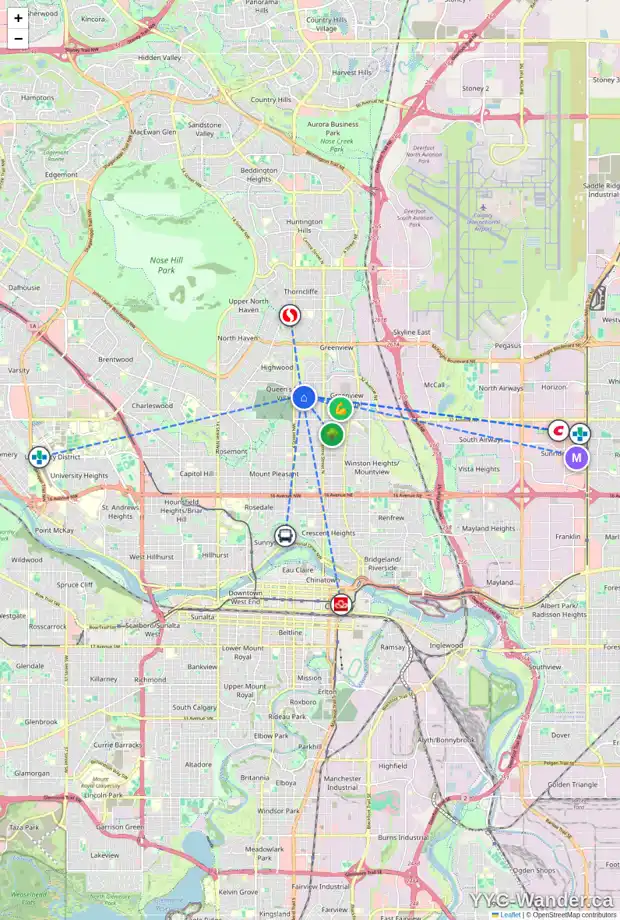 Daily accessibility map for 416 37 AV NW, Calgary showing nearby schools, grocery stores, parks, LRT stations and nearby amenities