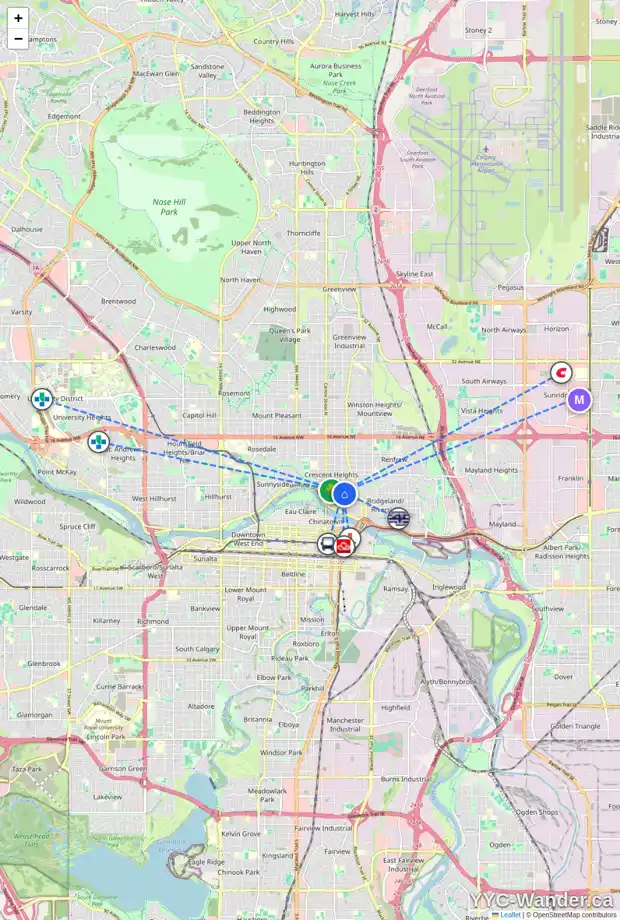 Daily accessibility map for 506 2 ST NE, Calgary showing nearby schools, grocery stores, parks, LRT stations and nearby amenities