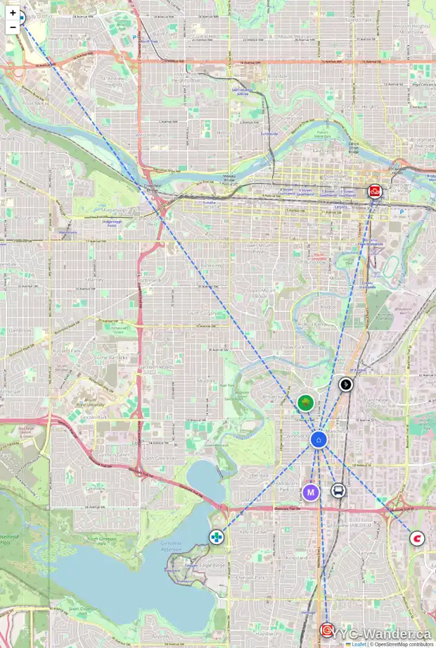 Daily accessibility map for 405 53 AV SW, Calgary showing nearby schools, grocery stores, parks, LRT stations and nearby amenities