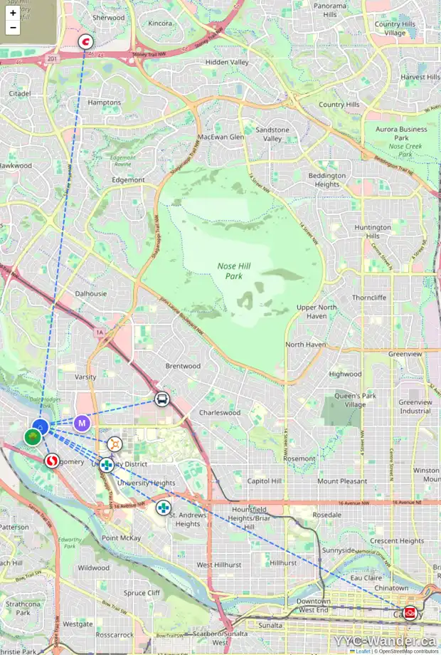 Daily accessibility map for 5871 BOW CR NW, Calgary showing nearby schools, grocery stores, parks, LRT stations and nearby amenities