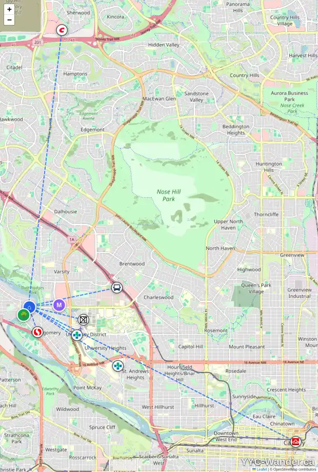 Daily accessibility map for 5875 BOW CR NW, Calgary showing nearby schools, grocery stores, parks, LRT stations and nearby amenities