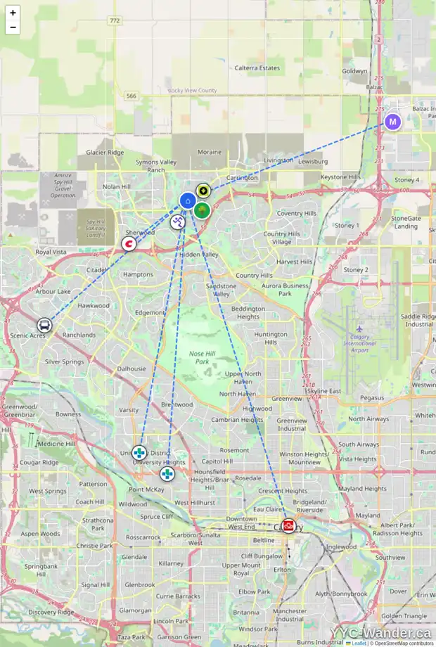Daily accessibility map for 1113 EVANSRIDGE CM NW, Calgary showing nearby schools, grocery stores, parks, LRT stations and nearby amenities