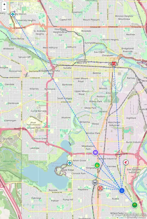 Daily accessibility map for 124 ALLANDALE CL SE, Calgary showing nearby schools, grocery stores, parks, LRT stations and nearby amenities