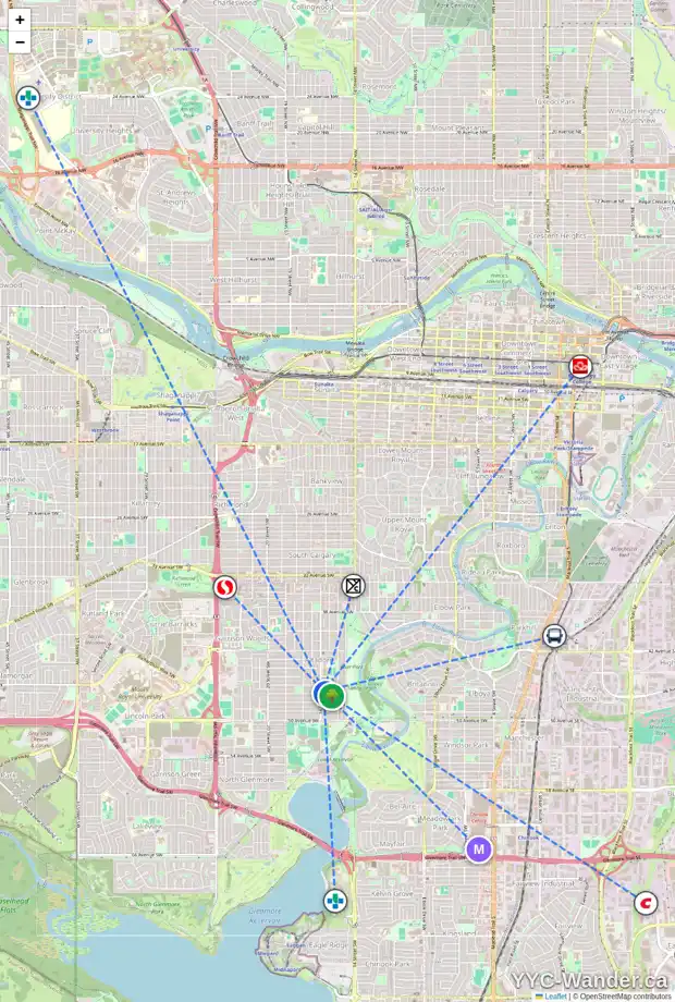 Daily accessibility map for 1640 ACTON AV SW, Calgary showing nearby schools, grocery stores, parks, LRT stations and nearby amenities