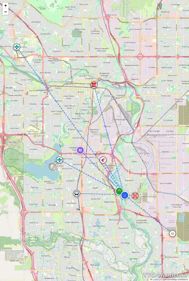 Daily accessibility map for 308 201 QUARRY WY SE, Calgary showing nearby schools, grocery stores, parks, LRT stations and nearby amenities