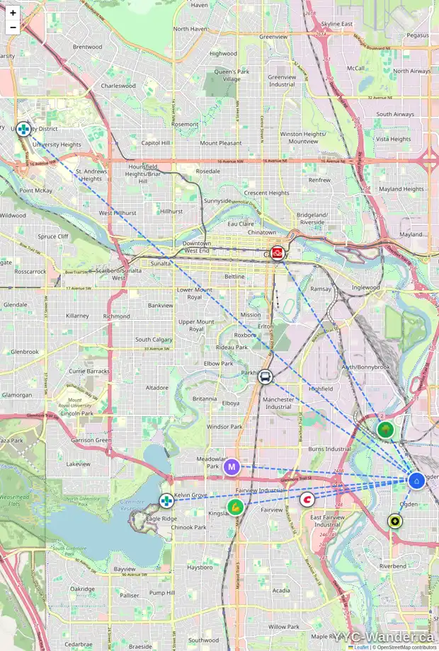 Daily accessibility map for 2216 CRESTWOOD RD SE, Calgary showing nearby schools, grocery stores, parks, LRT stations and nearby amenities