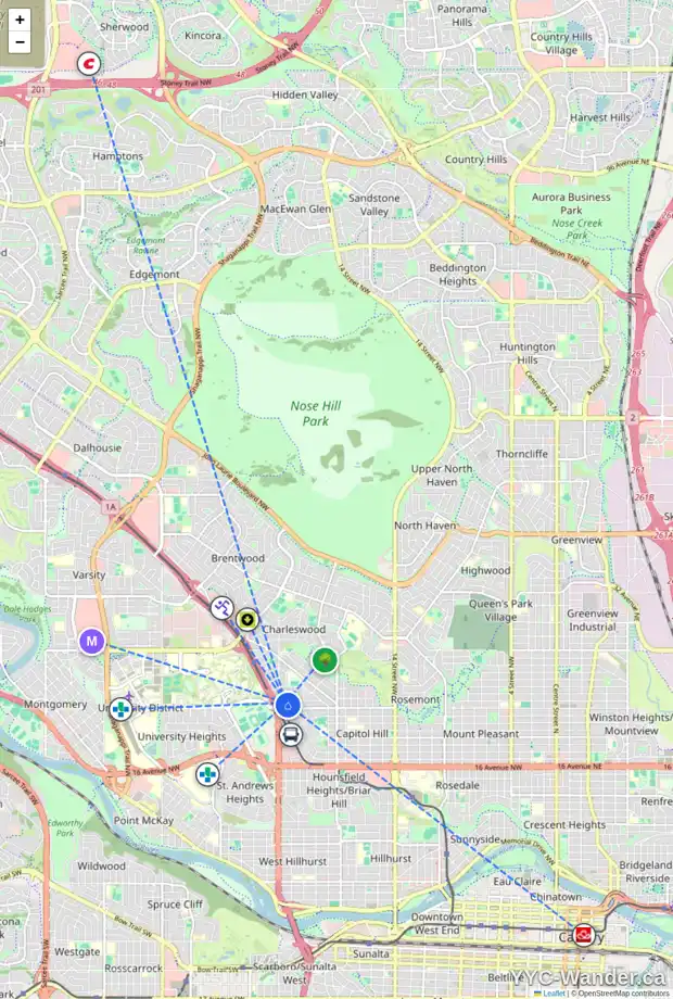 Daily accessibility map for 2417 25 AV NW, Calgary showing nearby schools, grocery stores, parks, LRT stations and nearby amenities