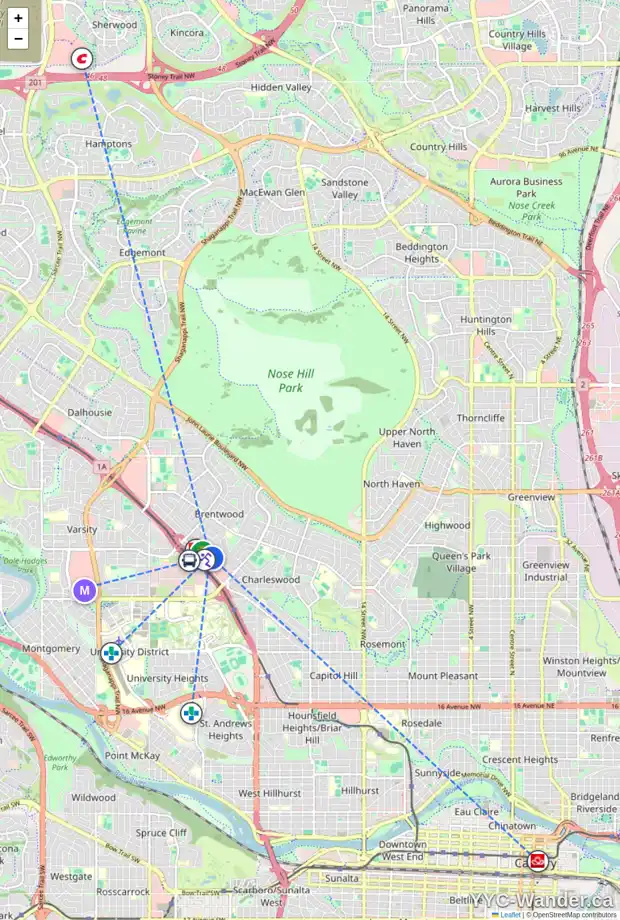 Daily accessibility map for 103 20 BRENTWOOD CM NW, Calgary showing nearby schools, grocery stores, parks, LRT stations and nearby amenities