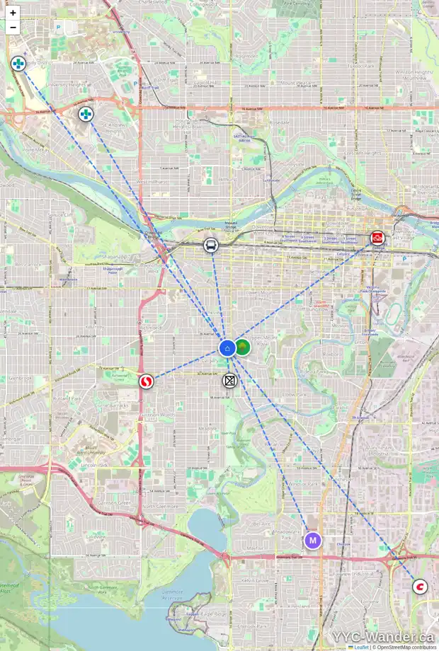 Daily accessibility map for 2 1523 28 AV SW, Calgary showing nearby schools, grocery stores, parks, LRT stations and nearby amenities