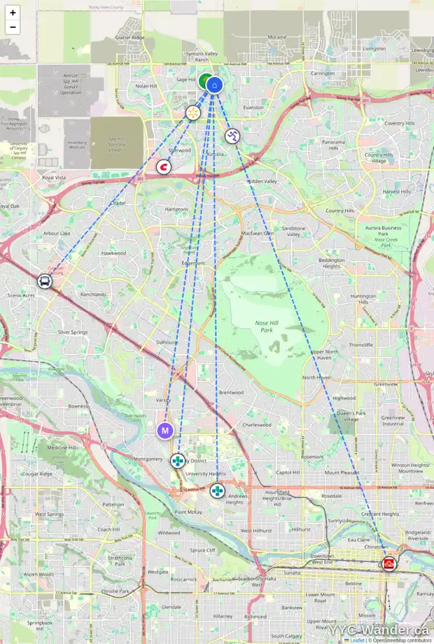 Daily accessibility map for 97 SAGE BLUFF RI NW, Calgary showing nearby schools, grocery stores, parks, LRT stations and nearby amenities