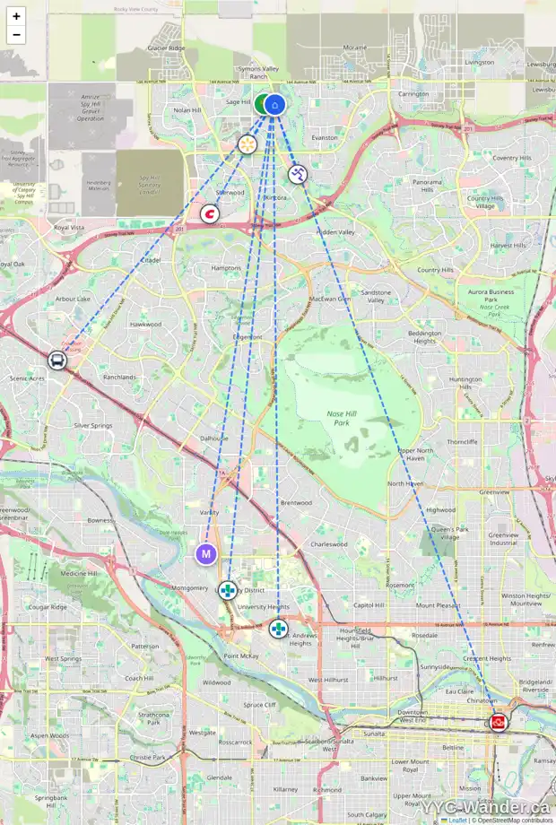 Daily accessibility map for 61 SAGE BLUFF RI NW, Calgary showing nearby schools, grocery stores, parks, LRT stations and nearby amenities