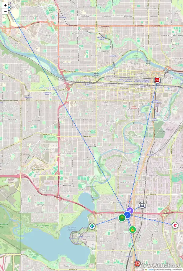 Daily accessibility map for 620 67 AV SW, Calgary showing nearby schools, grocery stores, parks, LRT stations and nearby amenities