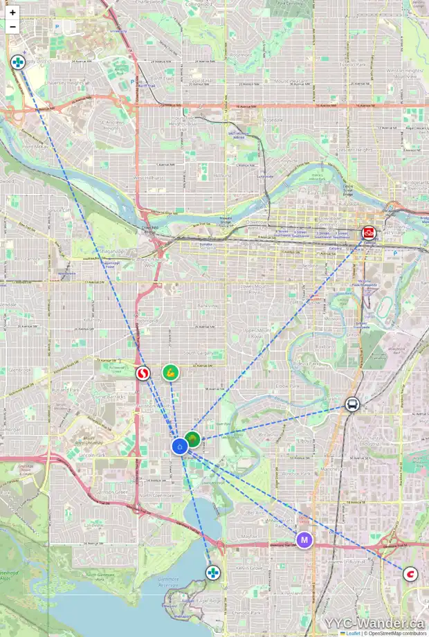 Daily accessibility map for 2014 48 AV SW, Calgary showing nearby schools, grocery stores, parks, LRT stations and nearby amenities