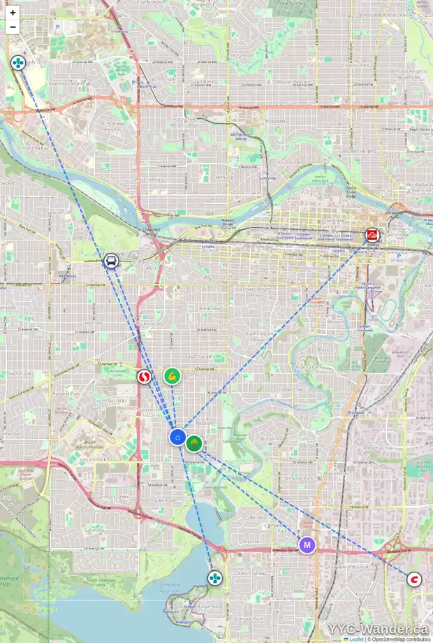 Daily accessibility map for 2031 45 AV SW, Calgary showing nearby schools, grocery stores, parks, LRT stations and nearby amenities
