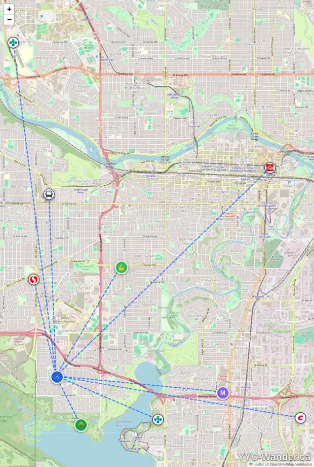 Daily accessibility map for 6104 LEWIS DR SW, Calgary showing nearby schools, grocery stores, parks, LRT stations and nearby amenities