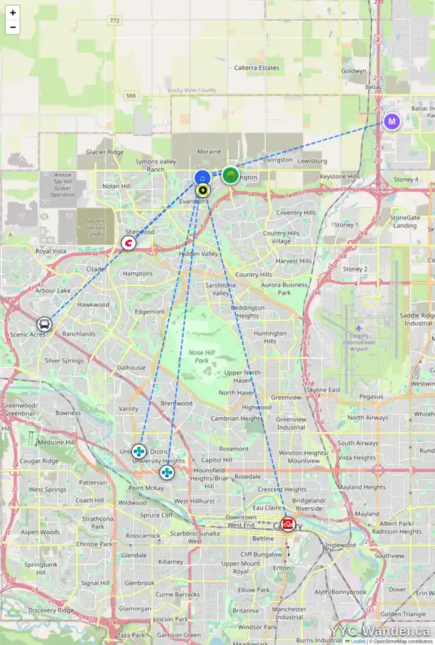 Daily accessibility map for 58 EVANSTON HL NW, Calgary showing nearby schools, grocery stores, parks, LRT stations and nearby amenities