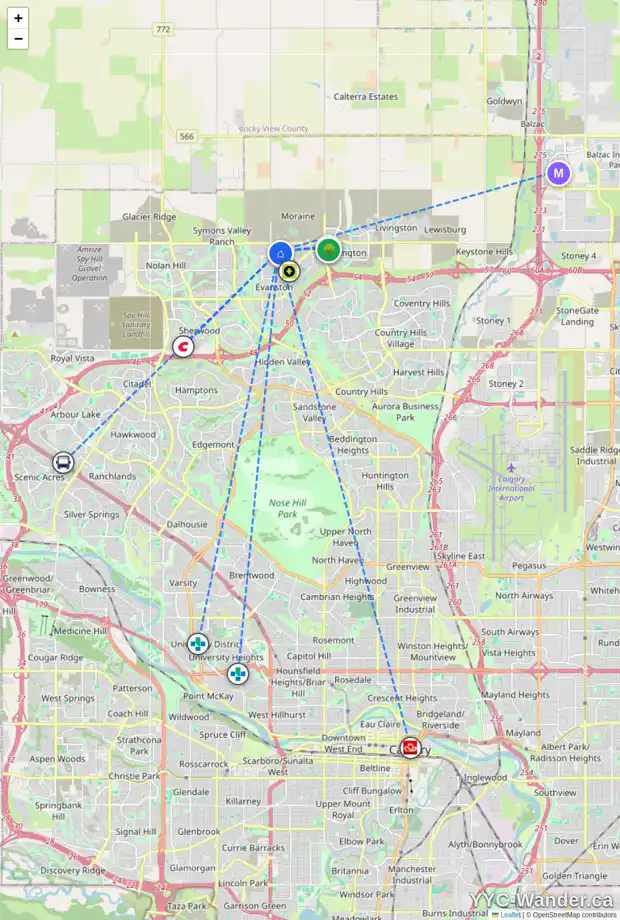 Daily accessibility map for 104 EVANSFIELD CR NW, Calgary showing nearby schools, grocery stores, parks, LRT stations and nearby amenities