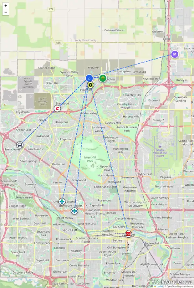 Daily accessibility map for 18 EVANSFIELD GR NW, Calgary showing nearby schools, grocery stores, parks, LRT stations and nearby amenities