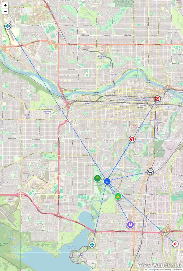 Daily accessibility map for 4516 BRITANNIA DR SW, Calgary showing nearby schools, grocery stores, parks, LRT stations and nearby amenities