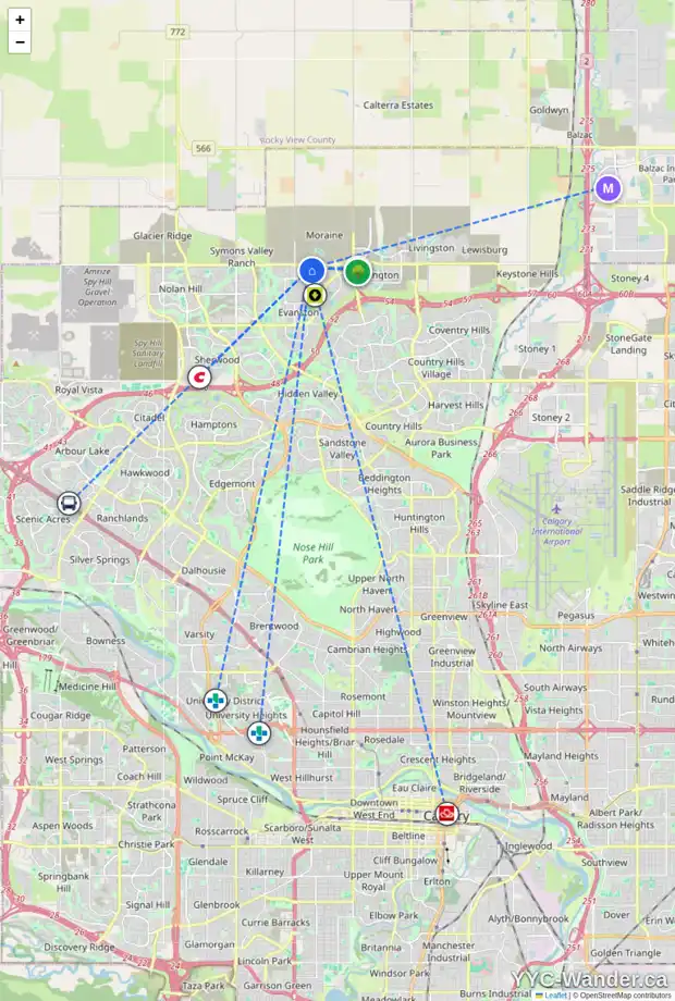 Daily accessibility map for 145 EVANSTON HL NW, Calgary showing nearby schools, grocery stores, parks, LRT stations and nearby amenities