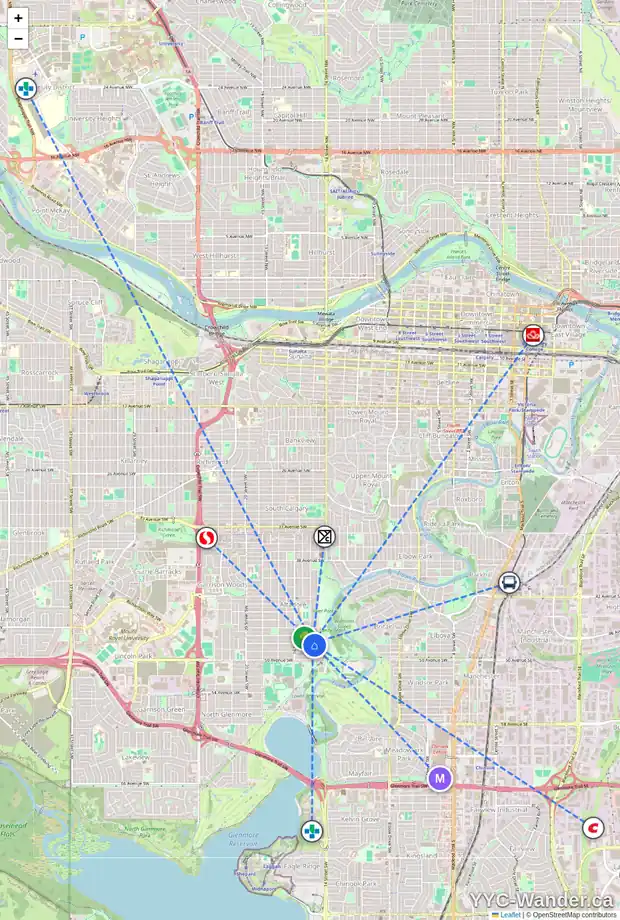 Daily accessibility map for 4904 15 ST SW, Calgary showing nearby schools, grocery stores, parks, LRT stations and nearby amenities