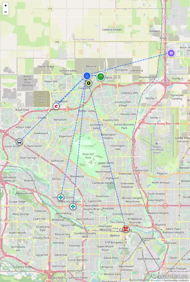 Daily accessibility map for 47 EVANSFIELD GR NW, Calgary showing nearby schools, grocery stores, parks, LRT stations and nearby amenities