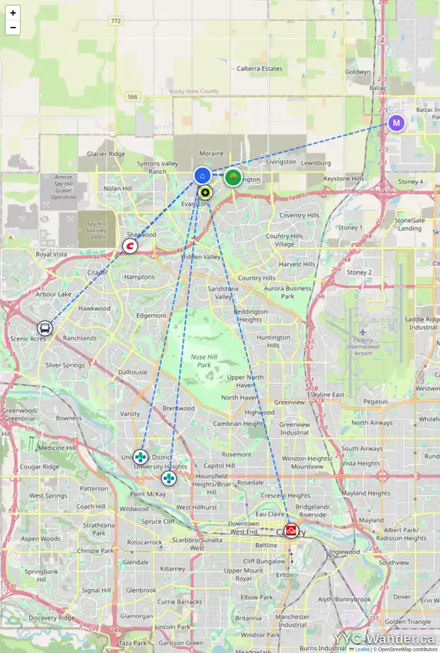 Daily accessibility map for 54 EVANSFIELD GR NW, Calgary showing nearby schools, grocery stores, parks, LRT stations and nearby amenities